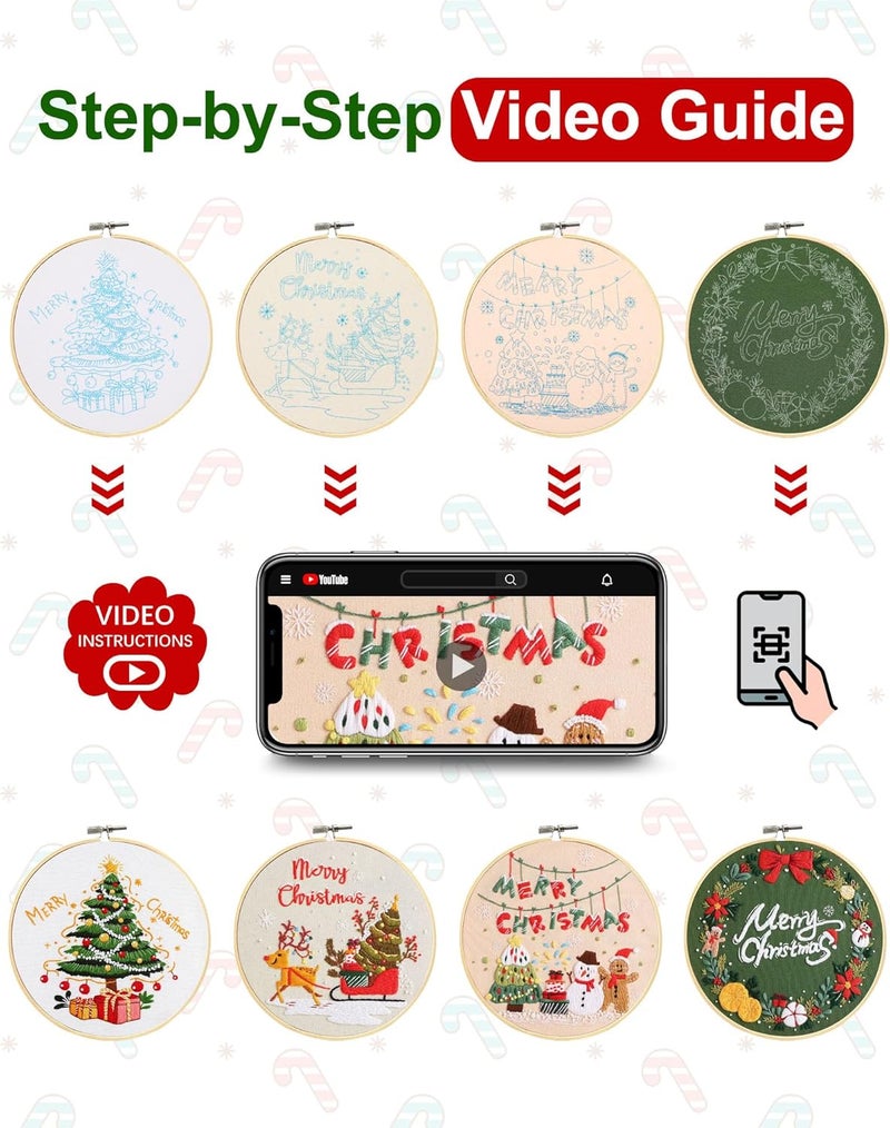 Santune 4 pcs Christmas Embroidery kit with Patterns Instructions Needlepoint Cross Stitch Kits for Beginners Adult,4 Embroidery,2 Hoops,Colored Threads Scissors and Needles,Merry Christmas - Image 4